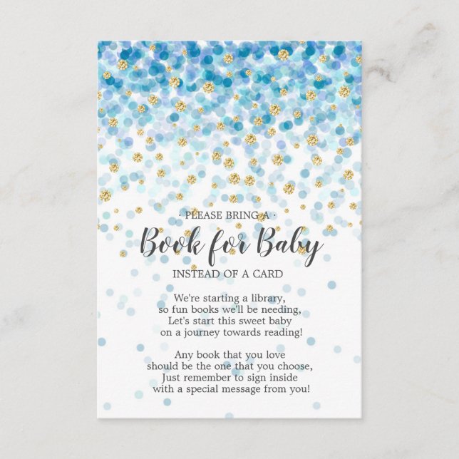 Blue Gold Confetti Baby Shower Book for Baby Enclosure Card (Front)