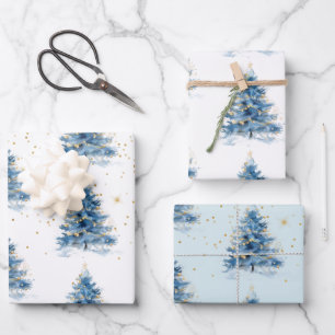 Blue Gold Confetti Christmas Tree Wrapping Paper Sheet