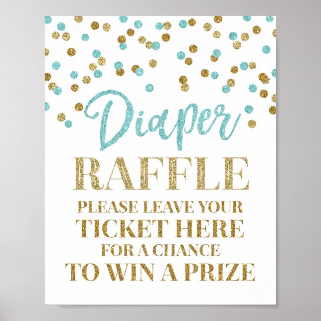Blue Gold Confetti Diaper Raffle Baby Shower Poster (Front)