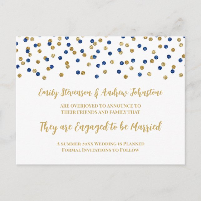 Blue Gold Confetti Engagement Announcement (Front)