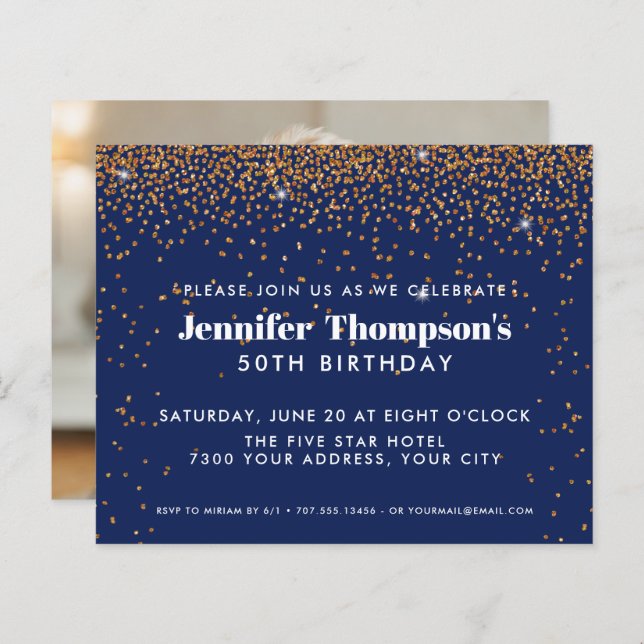 Blue Gold Confetti Glitter 50th Birthday Photo (Front/Back)