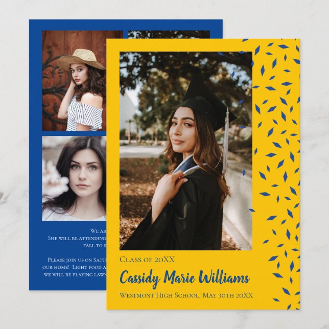 Blue Gold Confetti Graduation Announcement (Front/Back)