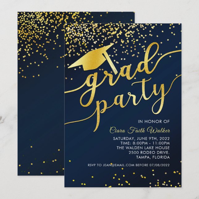 Blue Gold Confetti Graduation Party Invitation  (Front/Back)