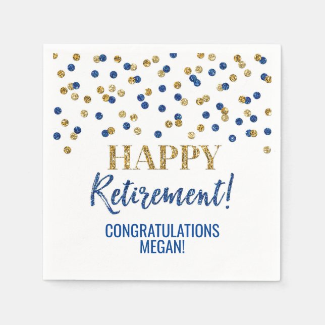 Blue Gold Confetti Happy Retirement Napkin (Front)