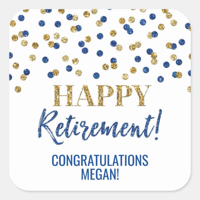 Blue Gold Confetti Happy Retirement Square Sticker (Front)