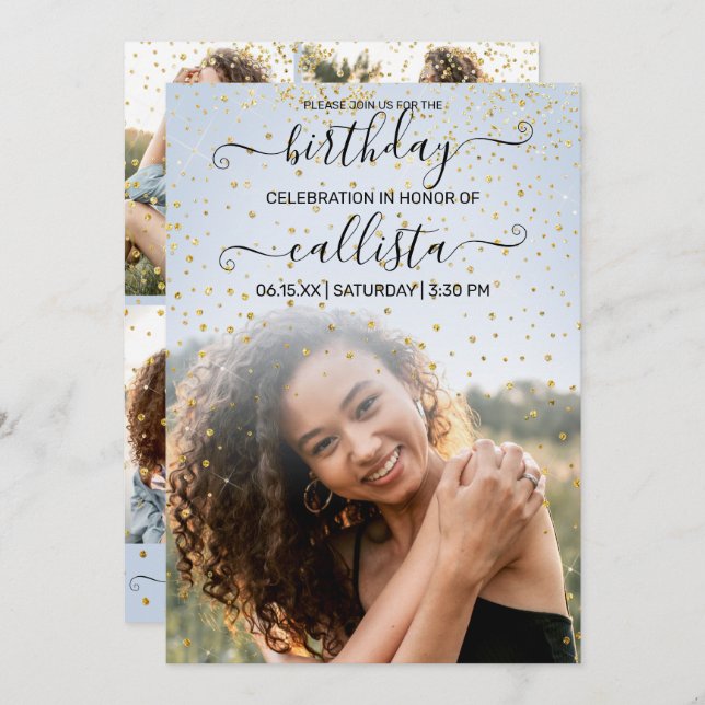 Blue Gold Confetti Photo Collage Birthday Invitation (Front/Back)