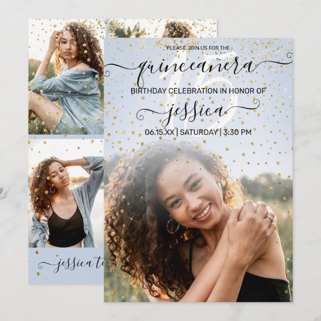 Blue Gold Confetti Photo Collage Quinceañera Invitation (Front/Back)