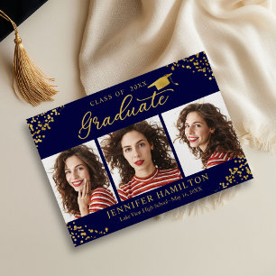Blue Gold Confetti Photo Graduation Announcement