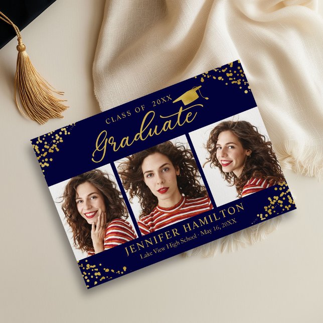 Blue Gold Confetti Photo Graduation Announcement  (Creator Uploaded)