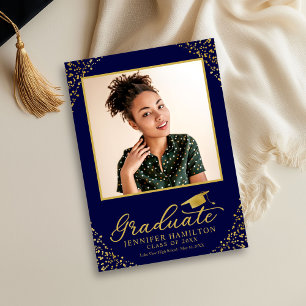 Blue Gold Confetti Photo Graduation Announcement