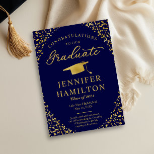 Blue Gold Confetti Photo Graduation Announcement