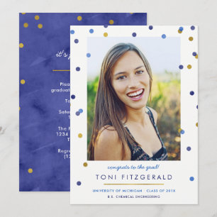 Blue & Gold Confetti Photo Graduation Invitation