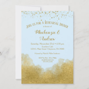 Blue Gold Confetti Rehearsal Dinner Invitation
