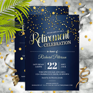 Blue Gold Confetti Retirement Party Invitations
