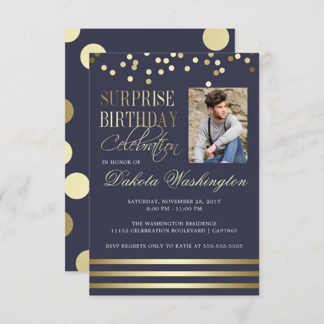 Blue Gold Confetti Stripe Photo Surprise Birthday Invitation (Front/Back)