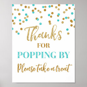 Blue Gold Confetti Thanks for Popping By Sign