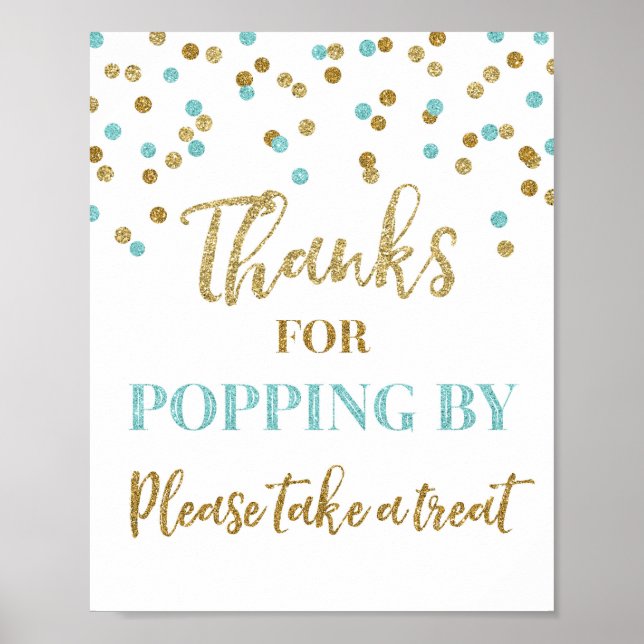 Blue Gold Confetti Thanks for Popping By Sign (Front)