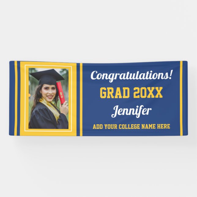Blue Gold Congrats Grad Custom Photo Graduation Banner (Horizontal)