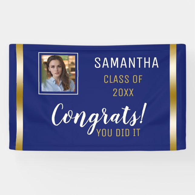 Blue Gold Congrats Graduate Photo Graduation Banner (Horizontal)