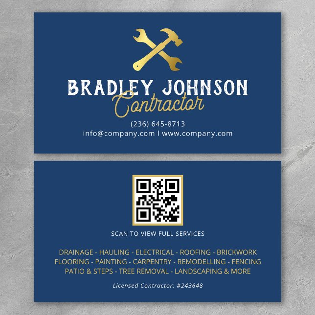 Blue Gold Construction Building QR Code Business Card (Creator Uploaded)