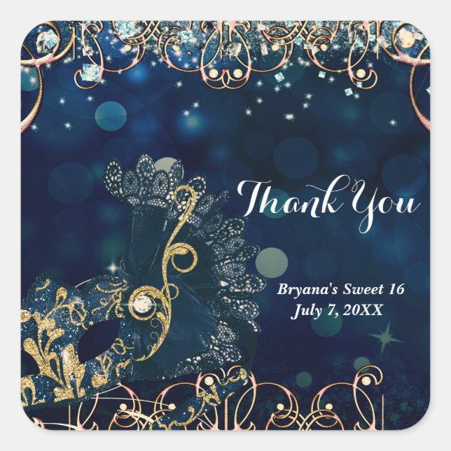 Blue & Gold Costume Masquerade Mask Birthday Party Square Sticker (Front)