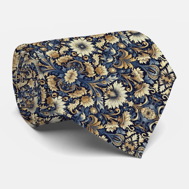 Blue, Gold, Cream & Black Floral Pattern  Tie (Rolled)