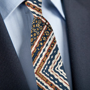Blue Gold Cream Rust Zig Zag Geometric Pattern Tie