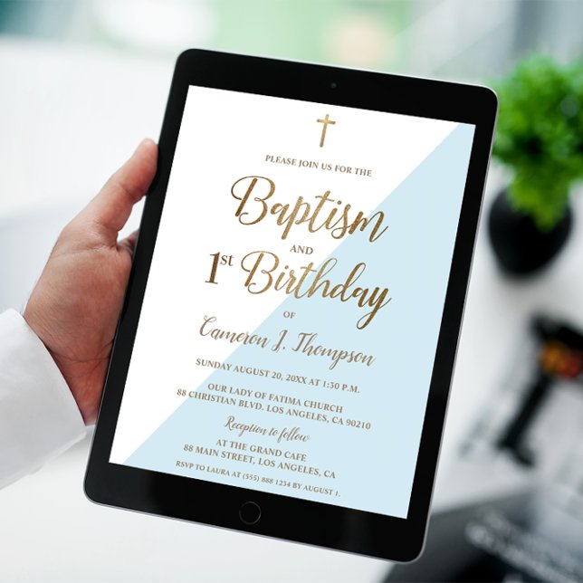 Blue Gold Cross Baptism 1st Birthday Invitation (Joint Baptism and 1st birthday invitation, digital or printed.)