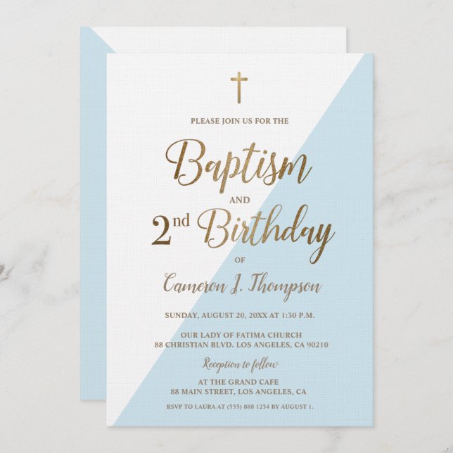 Blue Gold Cross Baptism 2nd Birthday Invitation (Front/Back)