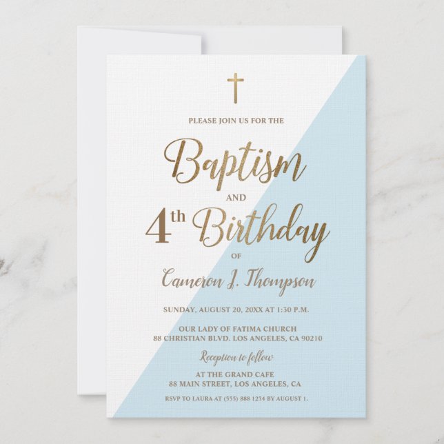 Blue Gold Cross Baptism 4th Birthday Invitation (Front)