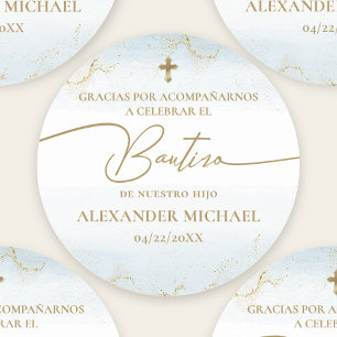 Blue Gold Cross Boy Baptism Bautizo Classic Round Sticker