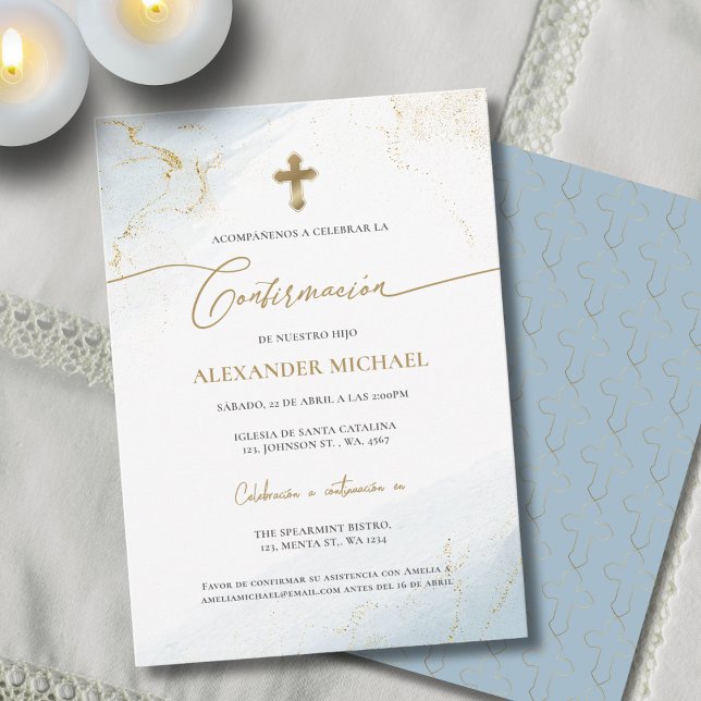 Blue Gold Cross Boy Confirmation Confirmacion  Invitation (Creator Uploaded)