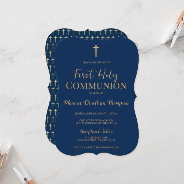 Blue Gold Cross Boy Elegant First holy communion  Invitation (Front/Back In Situ)
