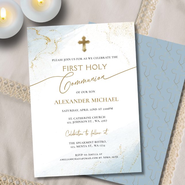 Blue Gold Cross Boy First Holy Communion Invitation (Creator Uploaded)