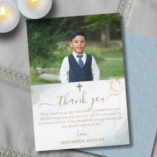 Blue Gold Cross Boy First Holy Communion Photo Thank You Card