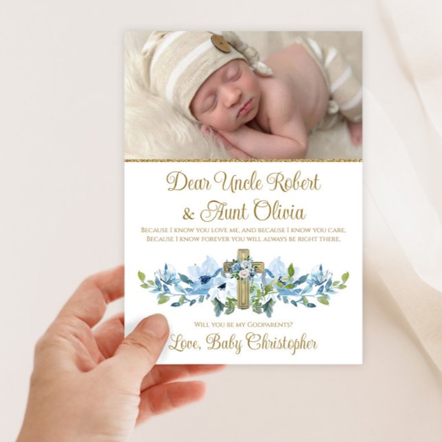 Blue Gold Cross Boy Photo Godparent Invitation (Sweet babu blue and gold cross photo Godparent invitation. simply upload your photo and details.)