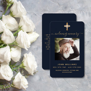 Blue gold cross photo funeral prayer card