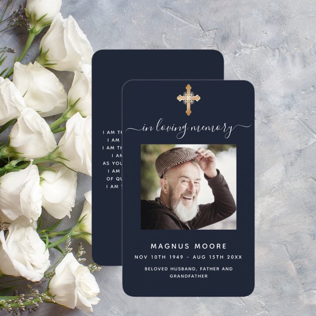 Blue gold cross photo funeral prayer card (Creator Uploaded)