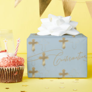 Blue Gold Cross Script Confirmation Wrapping Paper