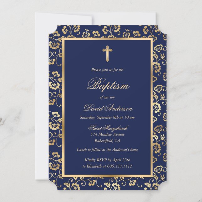 Blue Gold Cross Script Floral Baptism Invitation (Front)