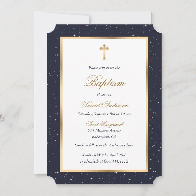 Blue Gold Cross Stars Elegant Script Baptism Invitation (Front)