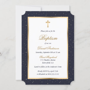 Blue Gold Cross Stars Elegant Script Baptism Invitation