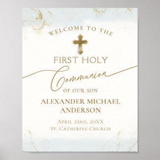 Blue Gold Cross Welcome Boy First Holy Communion Poster