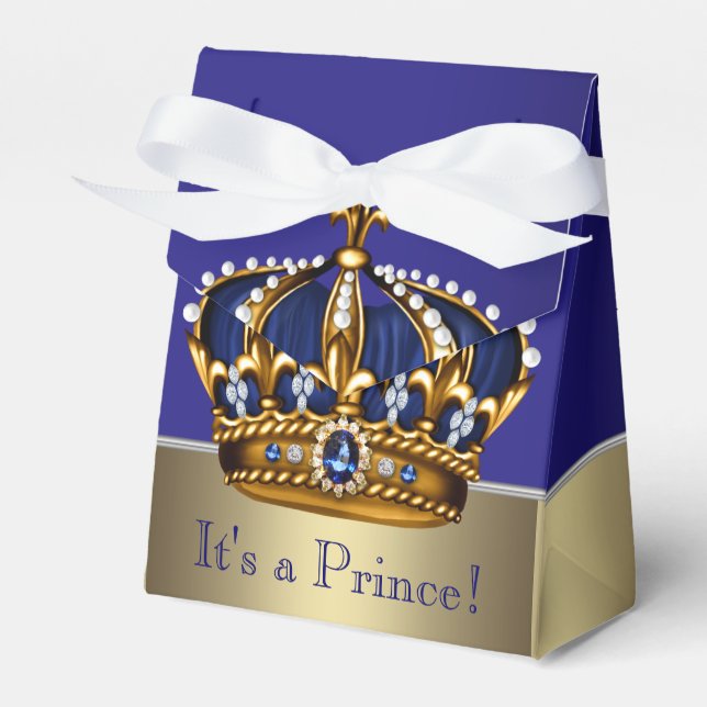 Blue Gold Crown Little Prince Boy Baby Shower Favour Box (Front Side)