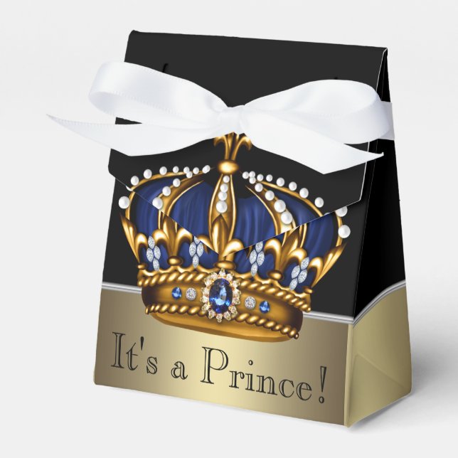 Blue Gold Crown Little Prince Boy Baby Shower Favour Box (Front Side)