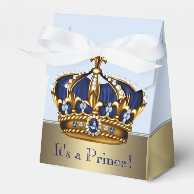 Blue Gold Crown Little Prince Boy Baby Shower Favour Box (Front Side)
