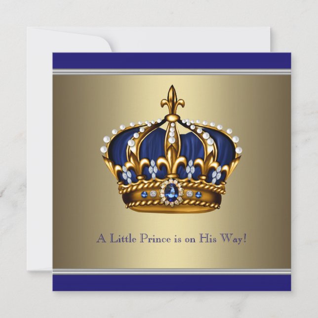 Blue Gold Crown Little Prince Boy Baby Shower Invitation (Front)