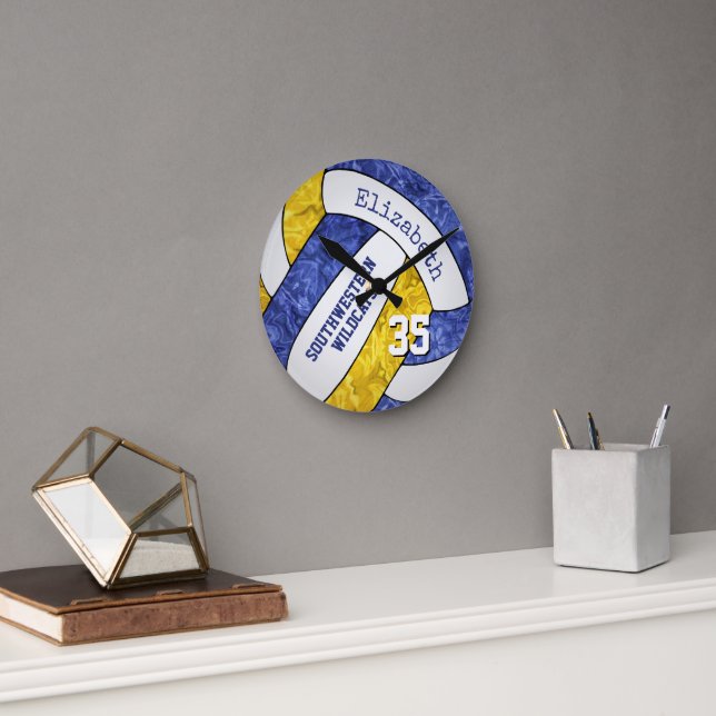 blue gold custom girly sporty volleyball room round clock (Office)