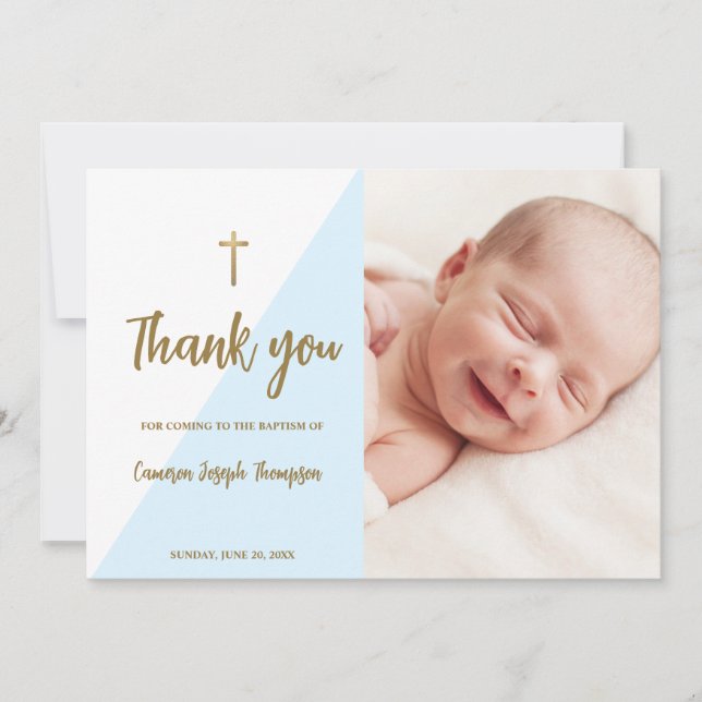 Blue Gold Custom Modern Baby Baptism Thank you Invitation (Front)