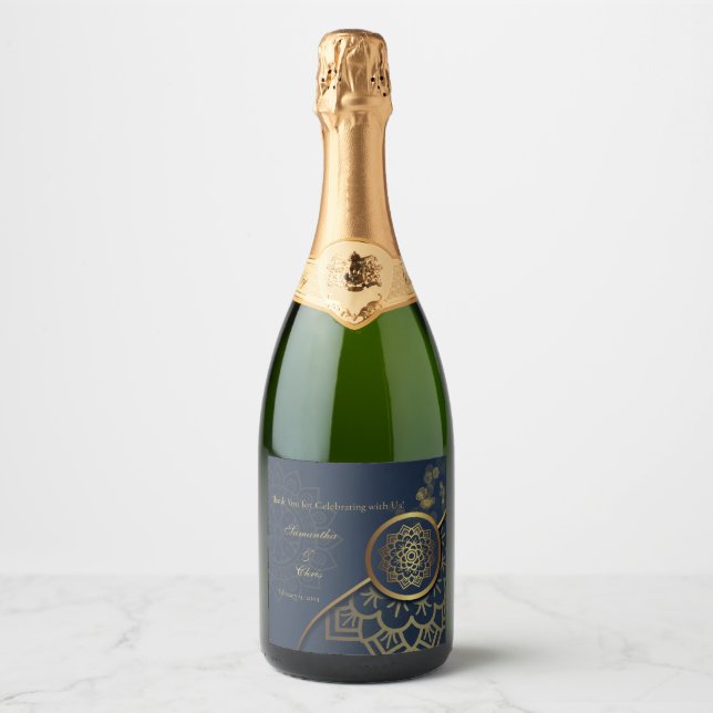 Blue & Gold | Custom Names, Dates Sparkling Wine Label (Front)